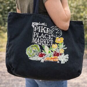 Seattle Pike Place Market Tote Bag Canvas Black Oversized Grocery Souvenir